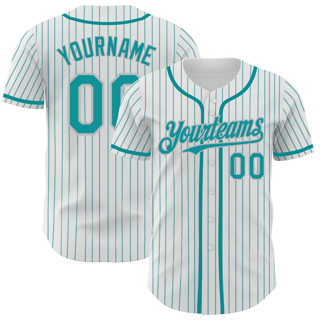 Custom White Teal Pinstripe Gray Authentic Baseball Jersey