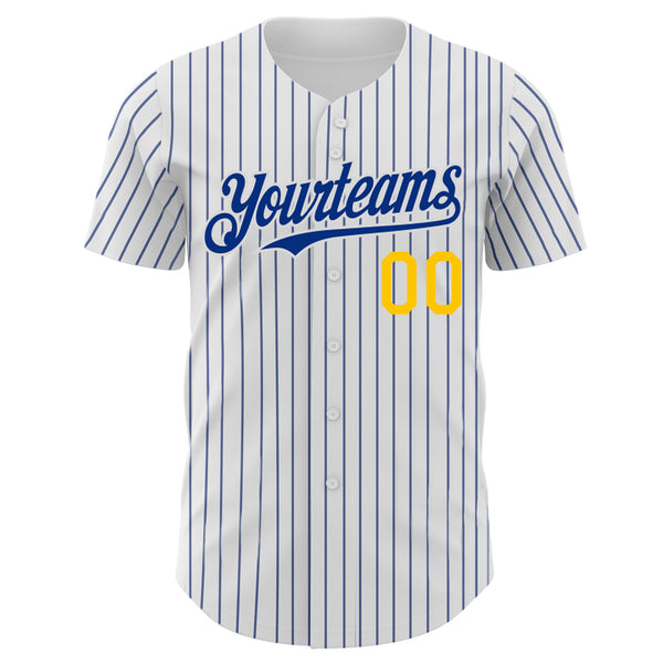 Custom White Royal Pinstripe Light Blue-Yellow Authentic Baseball Jersey