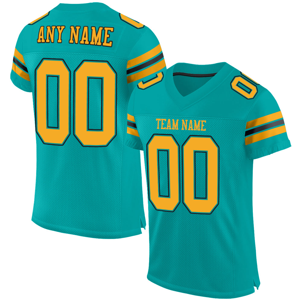 Custom Aqua Gold-Black Mesh Authentic Football Jersey