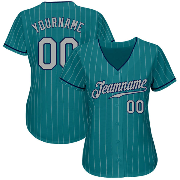 Custom Teal White Pinstripe Gray-Navy Authentic Baseball Jersey