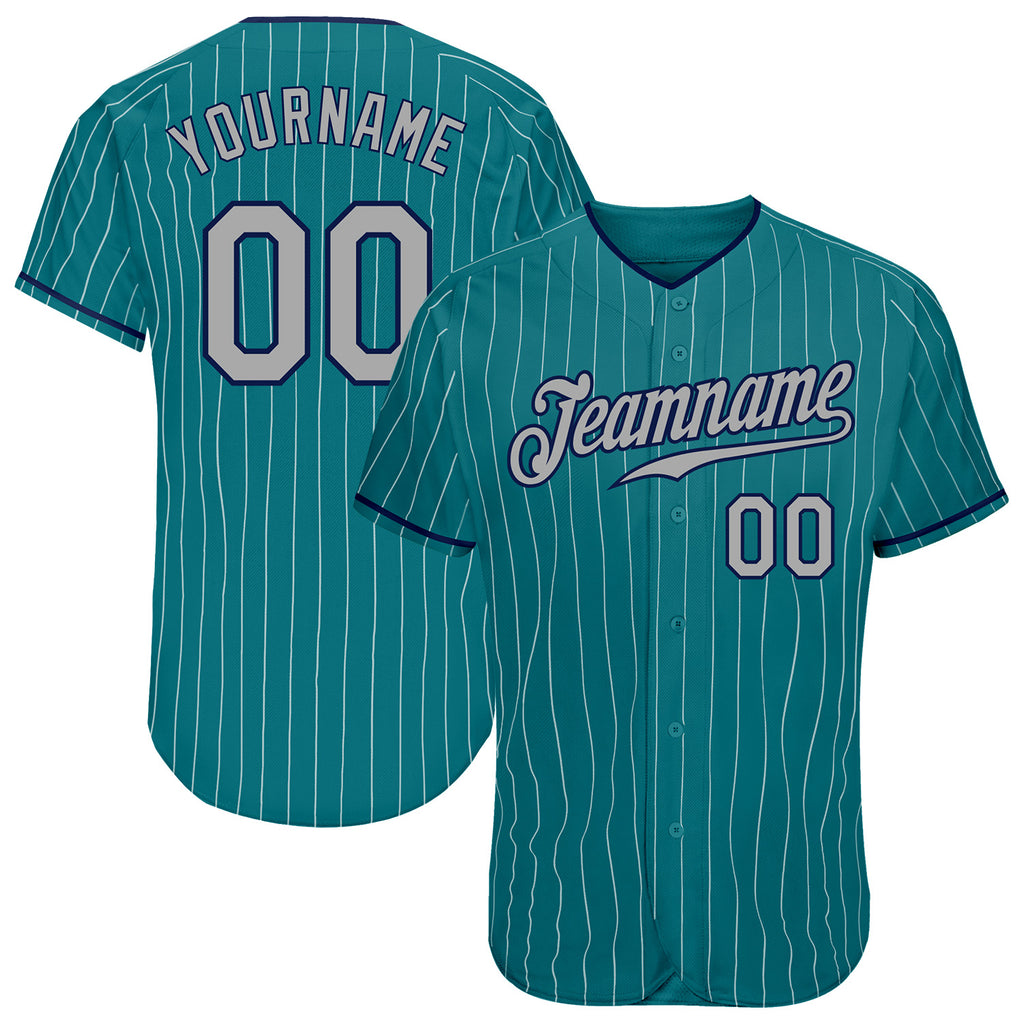 Custom Teal White Pinstripe Gray-Navy Authentic Baseball Jersey