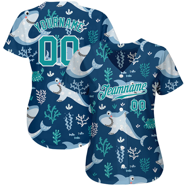 Custom Teal Teal-White 3D Pattern Design Sharks Authentic Baseball Jersey