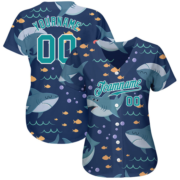 Custom Teal Teal-White 3D Pattern Design Sharks Authentic Baseball Jersey