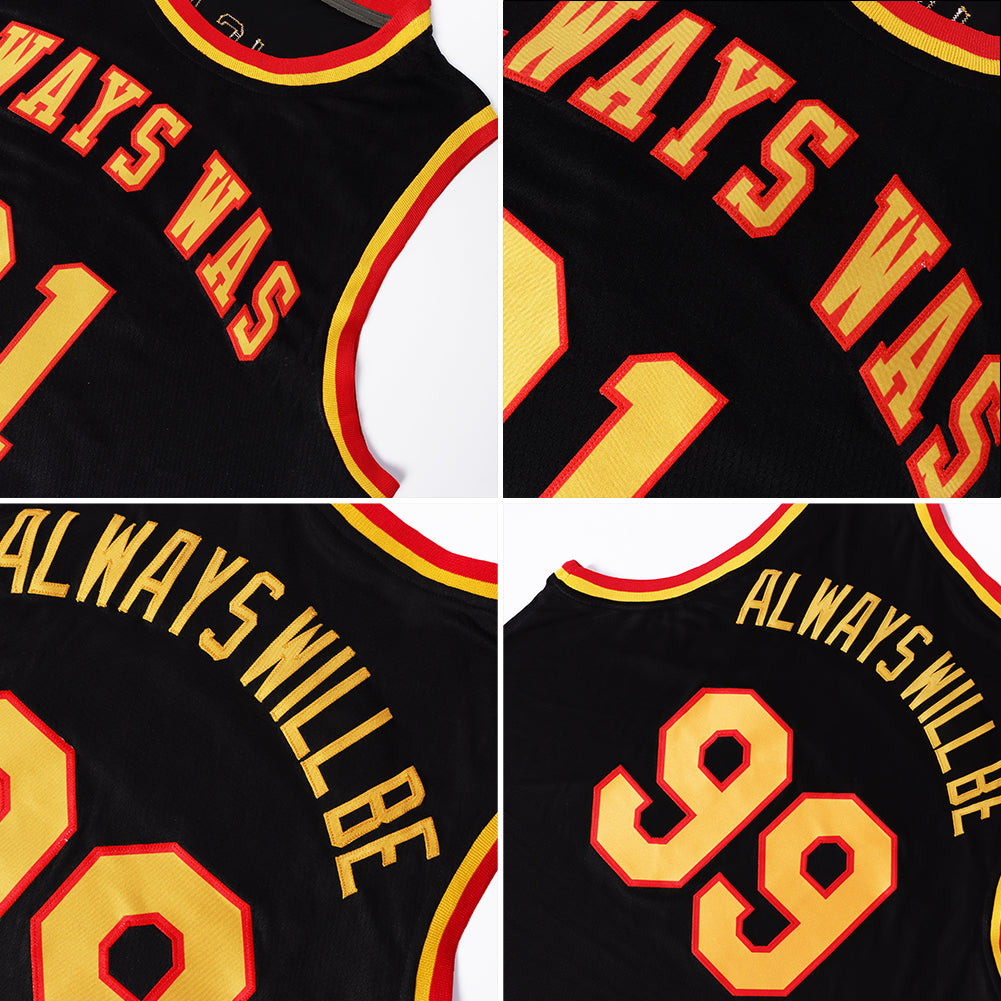 FIITG Custom Basketball Suit Jersey Red Gold-Black Flame Round Neck Sublimation