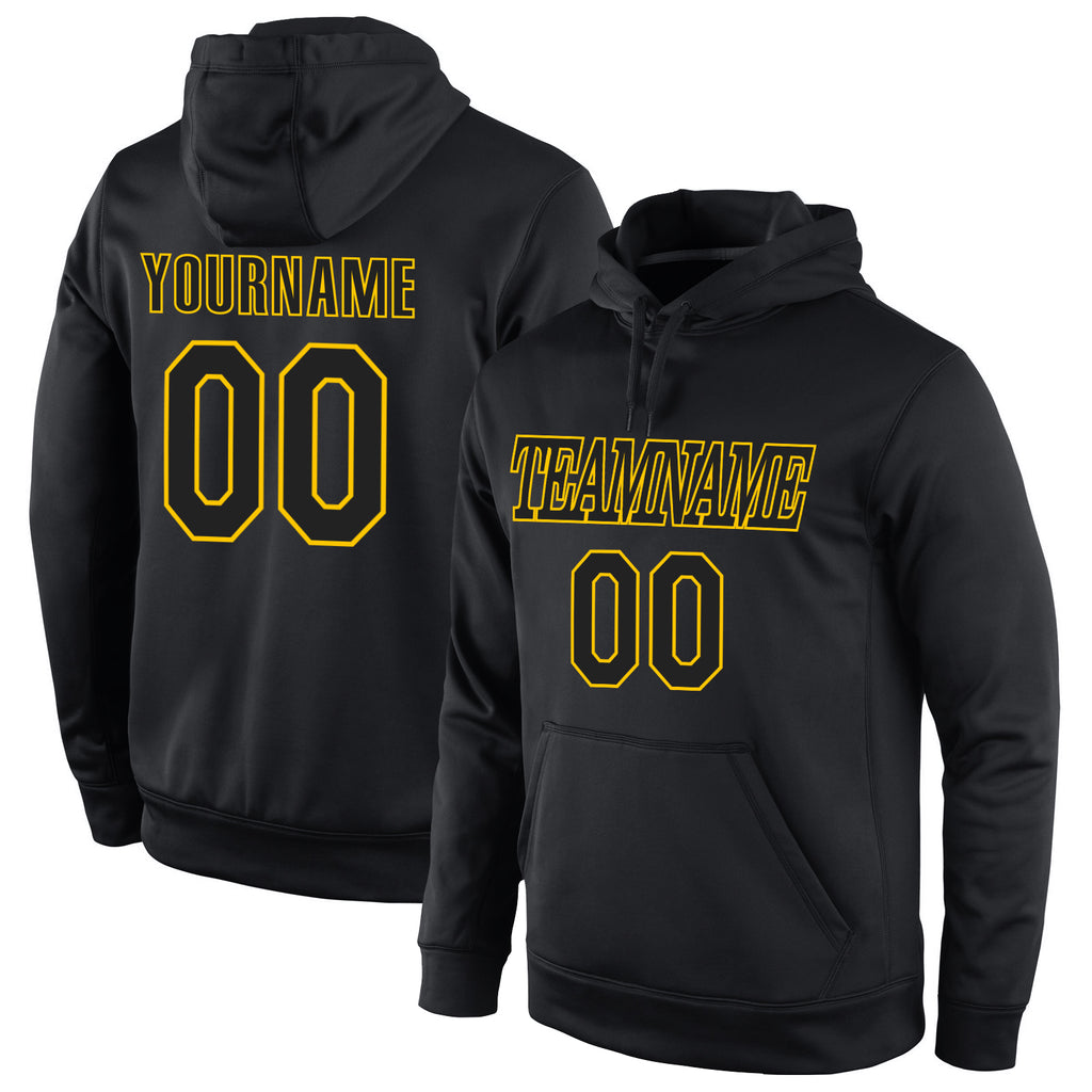 Custom Stitched Black Black-Gold Sports Pullover Sweatshirt Hoodie