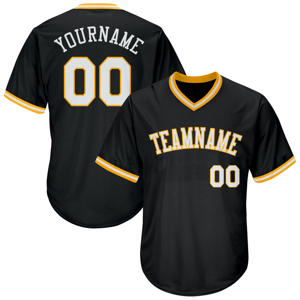 Custom Black White-Gold Authentic Throwback Rib-Knit Baseball Jersey Shirt