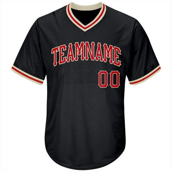 Custom Black Red-Cream Authentic Throwback Rib-Knit Baseball Jersey Shirt