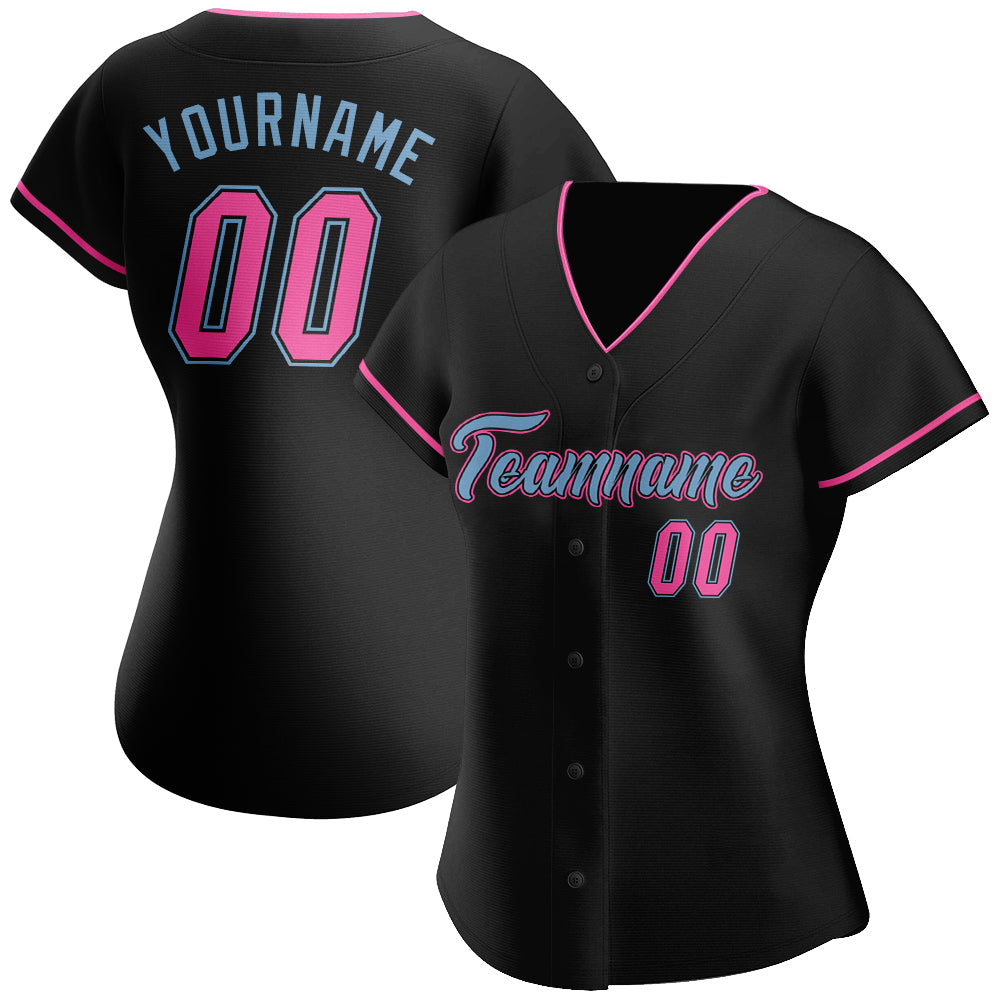 Custom Black Pink-Light Blue Authentic Softball Jersey