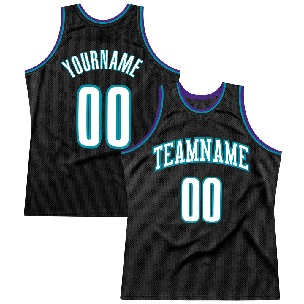 Custom Black White-Teal Authentic Throwback Basketball Jersey