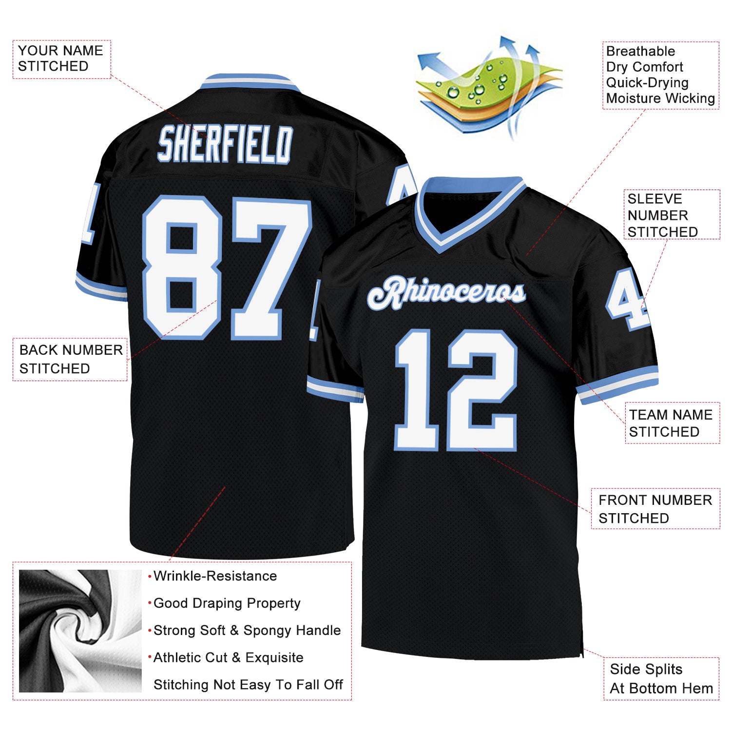 Custom Black White-Light Blue Mesh Authentic Throwback Football Jersey