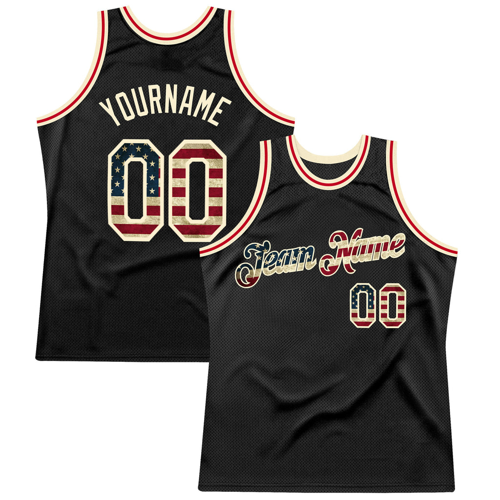 Custom Black Vintage USA Flag-Cream Authentic Throwback Basketball Jersey