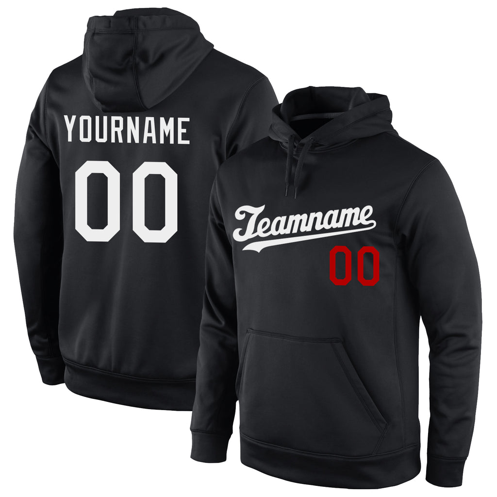 Custom Stitched Black White-Red Sports Pullover Sweatshirt Hoodie