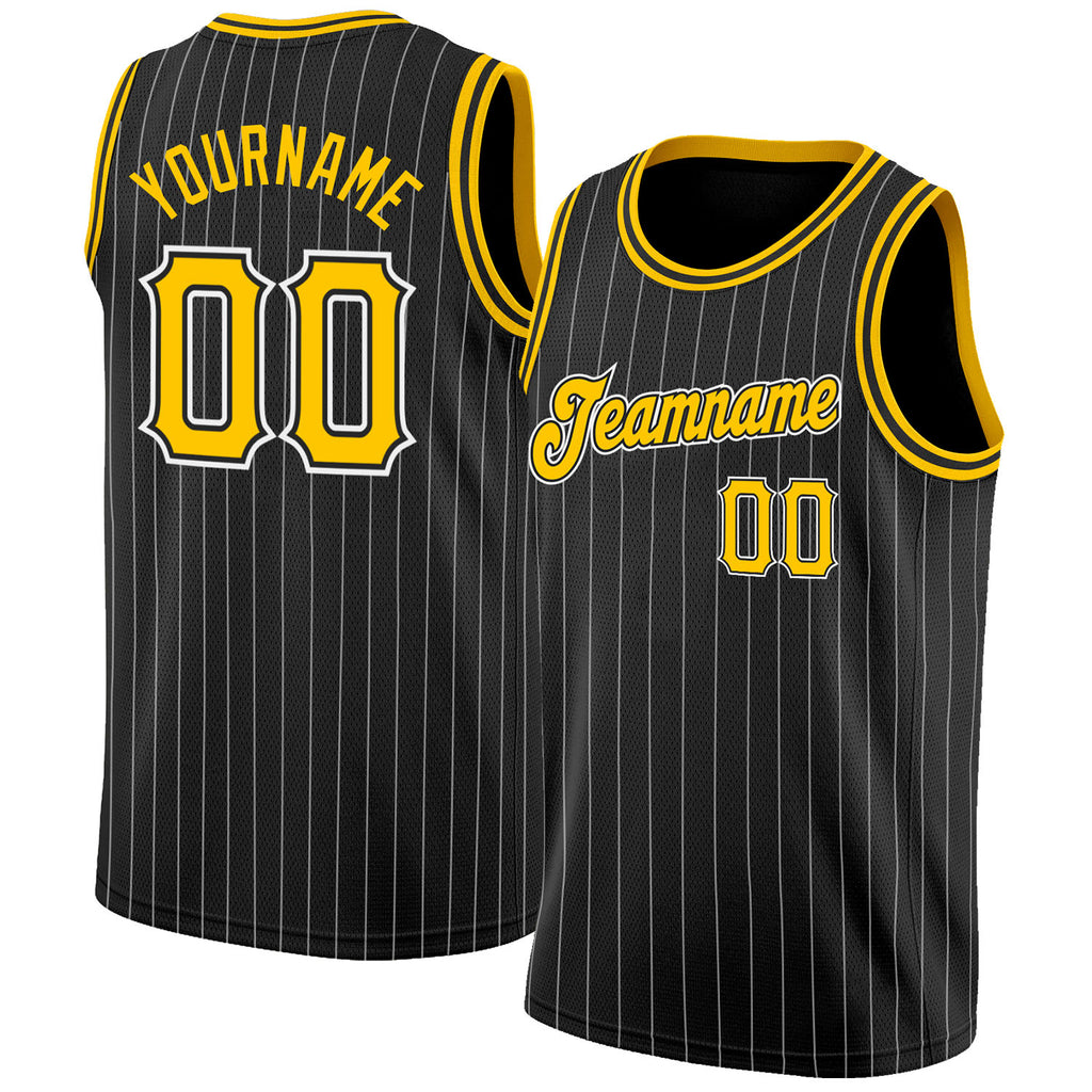 Custom Black White Pinstripe Gold-White Authentic Basketball