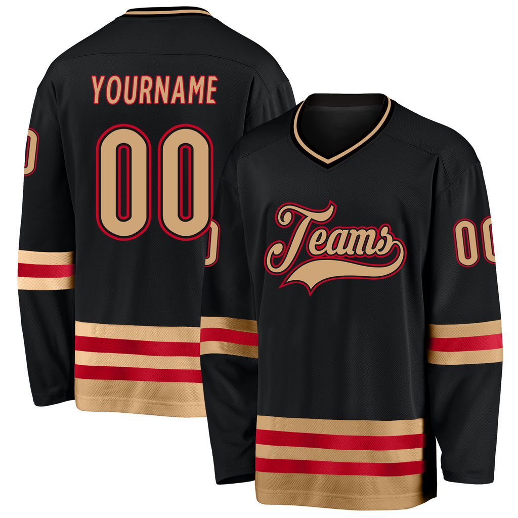 Custom Black Old Gold-Red Hockey Jersey