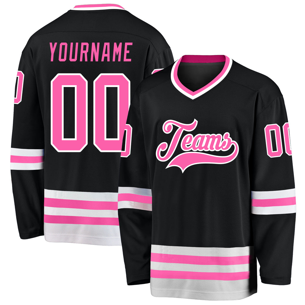 Custom Black Pink-White Hockey Jersey