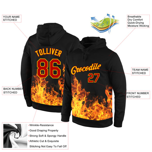 Custom Stitched Black Red-Gold 3D Pattern Design Flame Sports Pullover Sweatshirt Hoodie