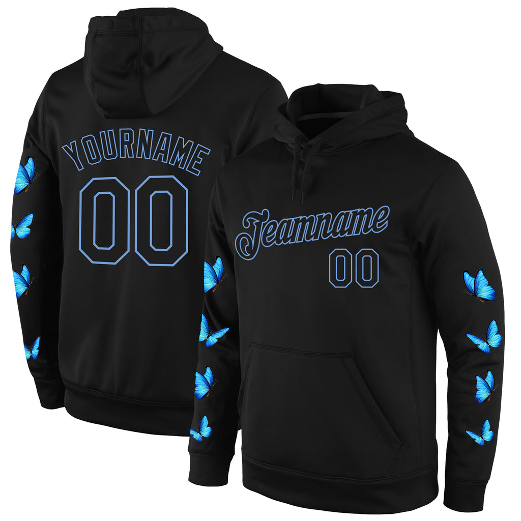 Custom Stitched Black Black-Light Blue 3D Pattern Design Butterfly Sports Pullover Sweatshirt Hoodie