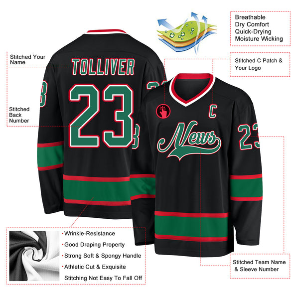 Custom Black Kelly Green-Red Hockey Jersey