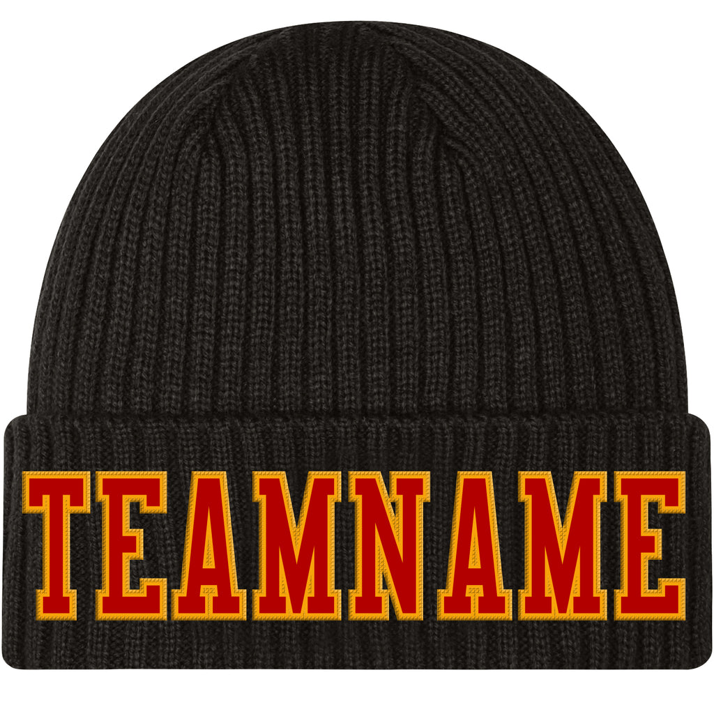 Custom Black Red-Gold Stitched Cuffed Knit Hat