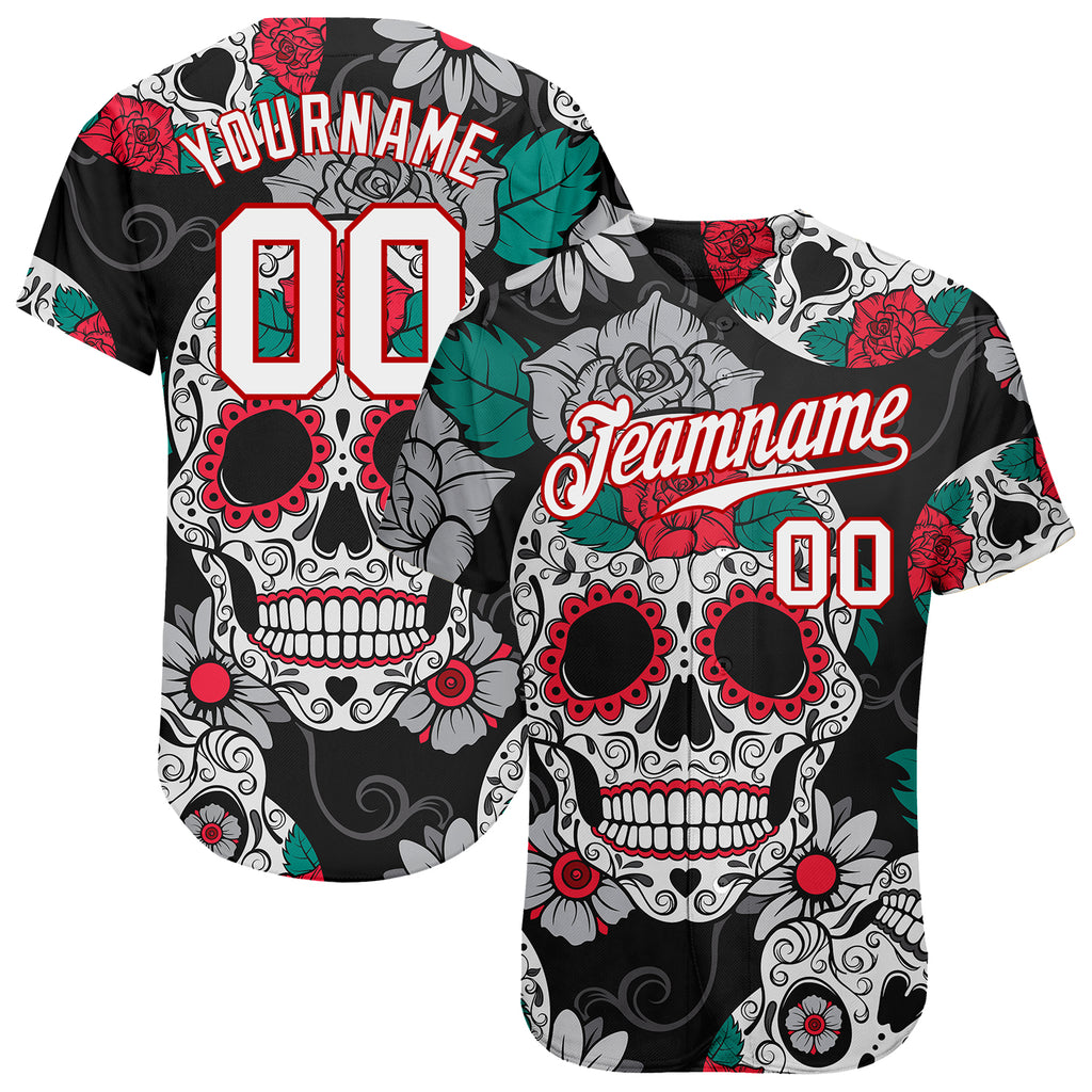 Custom Black White-Red 3D Skull Fashion Authentic Baseball Jersey