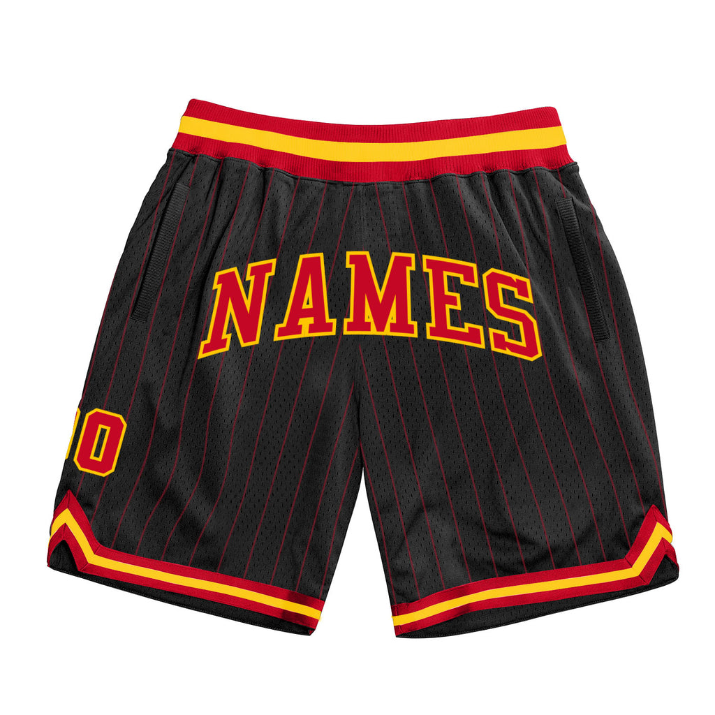 Custom Black Red Pinstripe Red-Gold Authentic Basketball Shorts