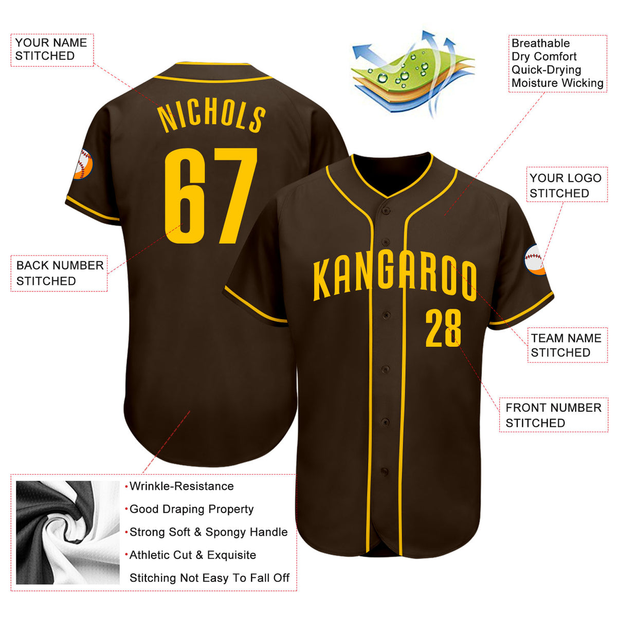 Custom Brown Gold Authentic Baseball Jersey Free Shipping – Fiitg