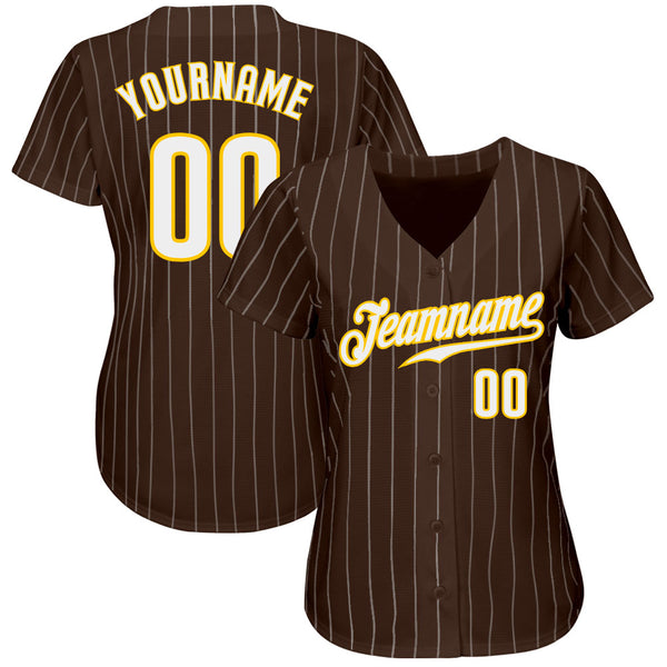 Custom Brown White Pinstripe White-Gold Authentic Baseball Jersey