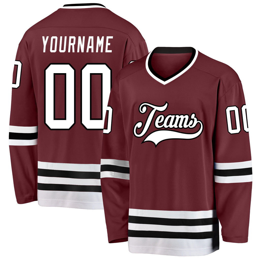 Custom Burgundy White-Black Hockey Jersey