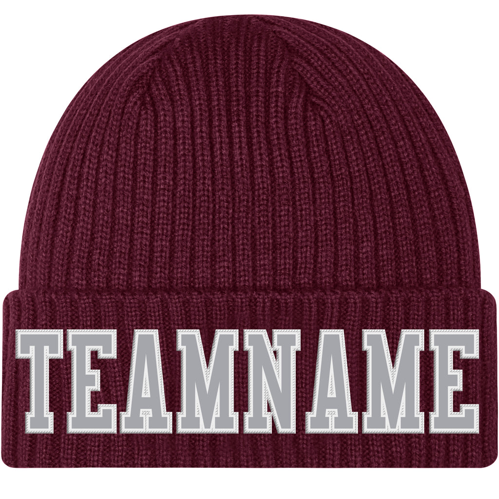 Custom Burgundy Gray-White Stitched Cuffed Knit Hat