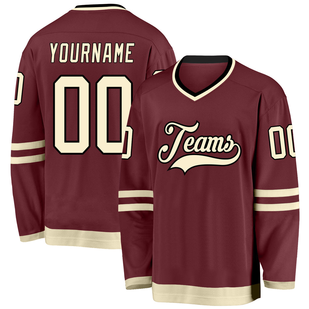 Custom Burgundy Cream-Black Hockey Jersey