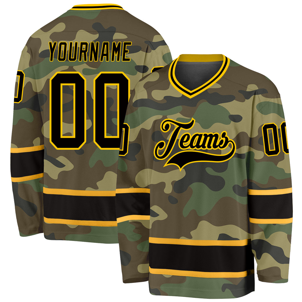 Custom Camo Black-Gold Salute To Service Hockey Jersey