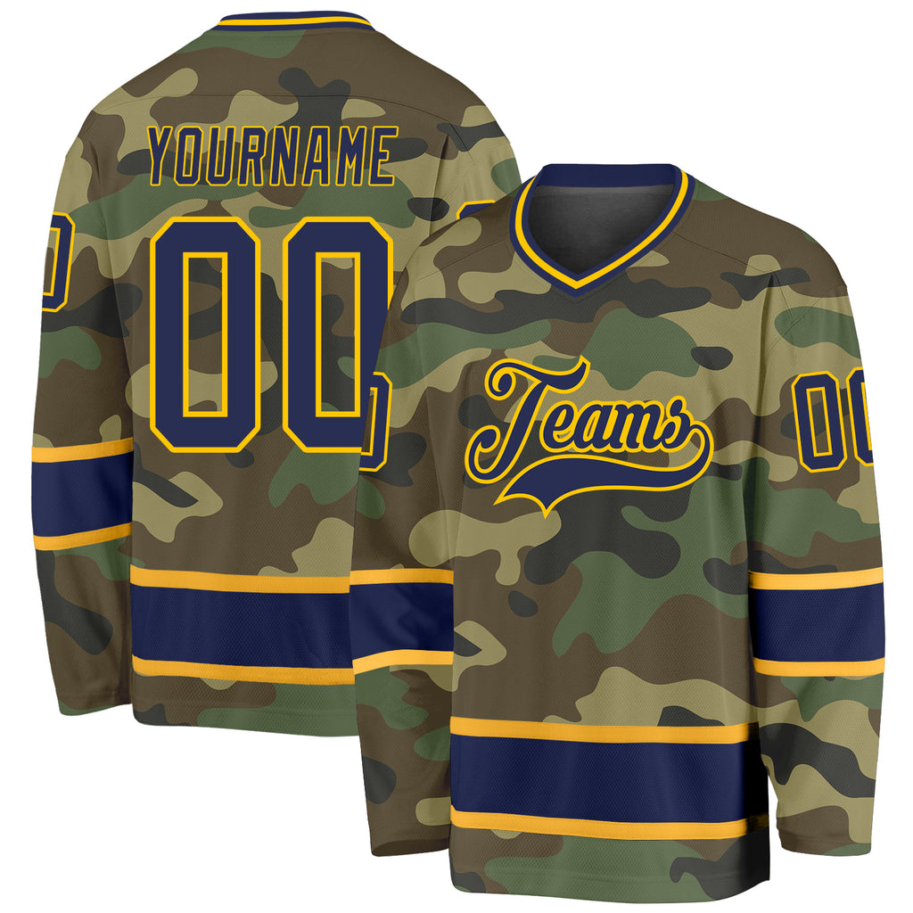 Custom Camo Navy-Gold Salute To Service Hockey Jersey