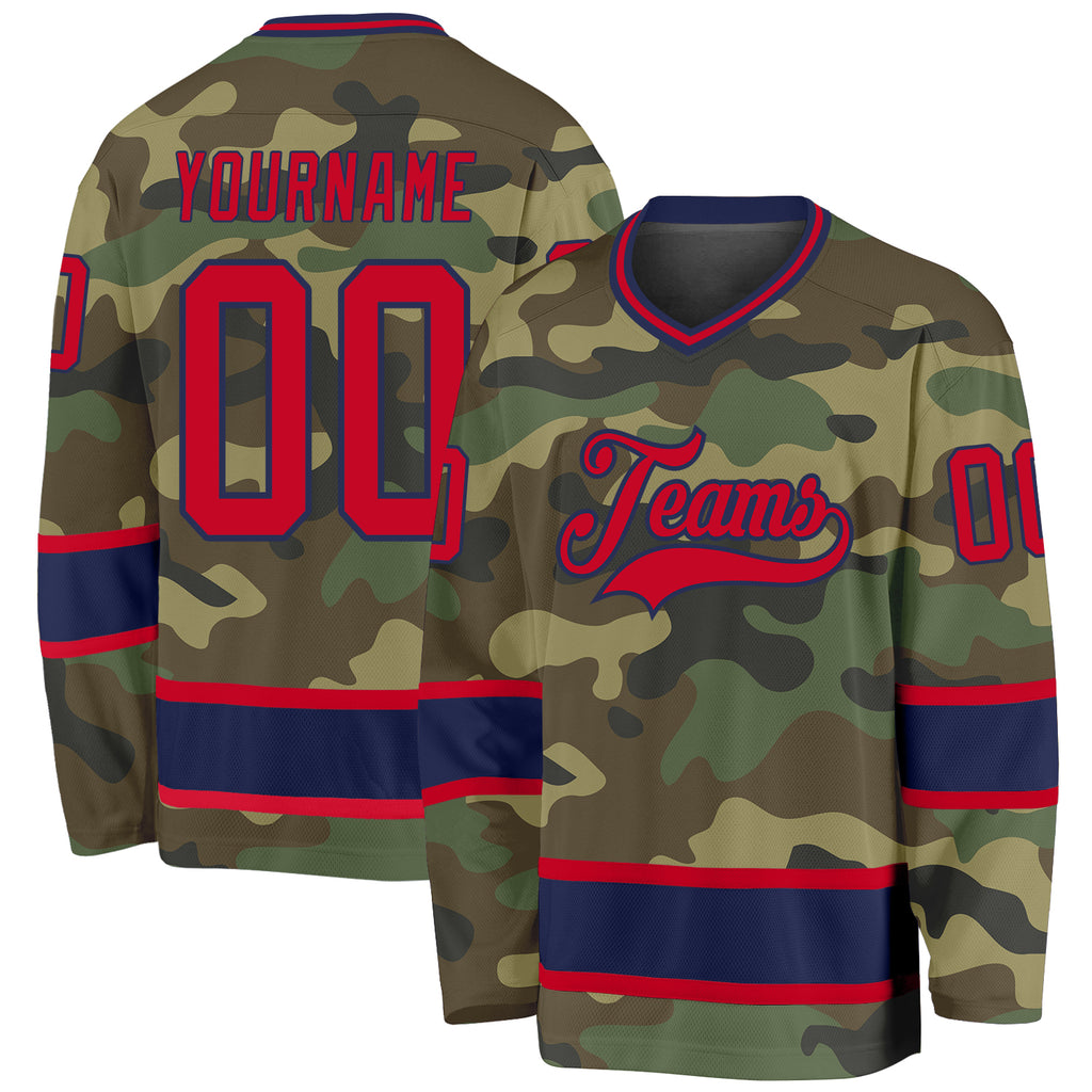 Custom Camo Red-Navy Salute To Service Hockey Jersey