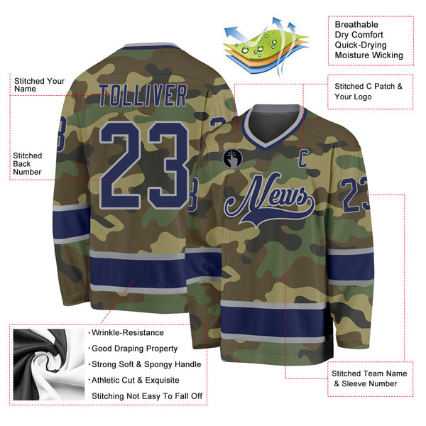 Custom Camo Navy-Gray Salute To Service Hockey Jersey