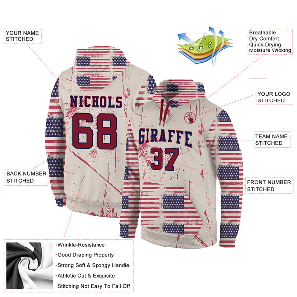 Custom Stitched Cream Crimson-Navy 3D American Flag Fashion Sports Pullover Sweatshirt Hoodie