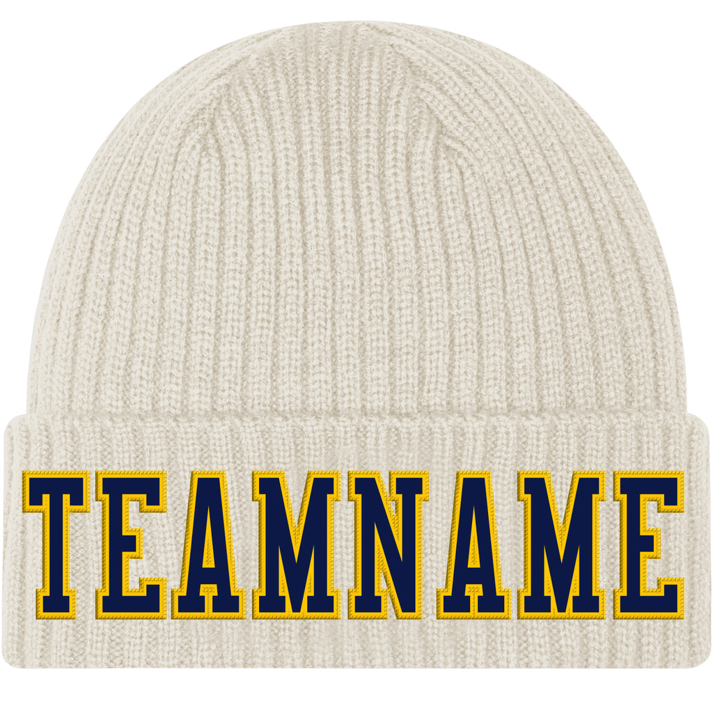 Custom Cream Navy-Gold Stitched Cuffed Knit Hat