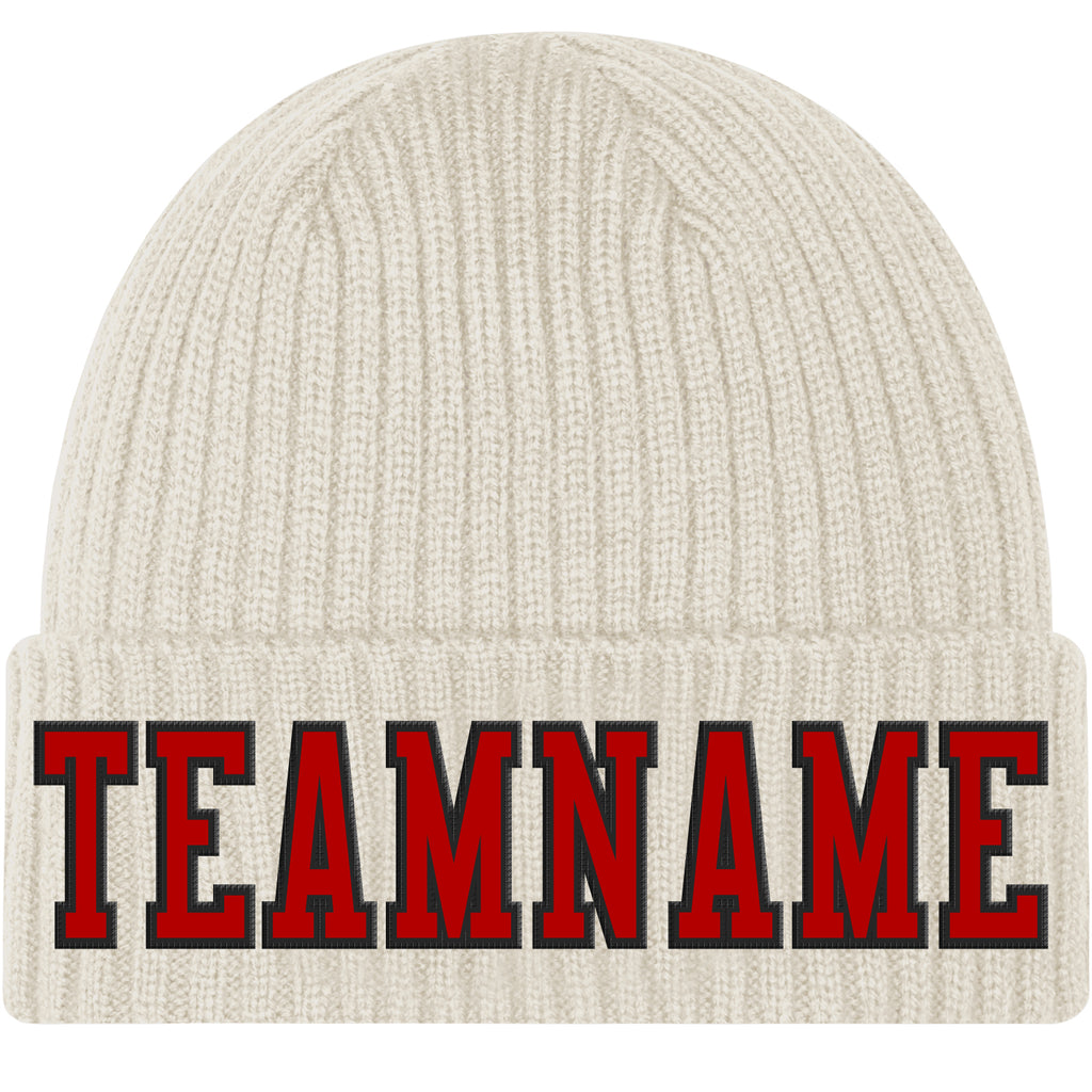 Custom Cream Red-Black Stitched Cuffed Knit Hat