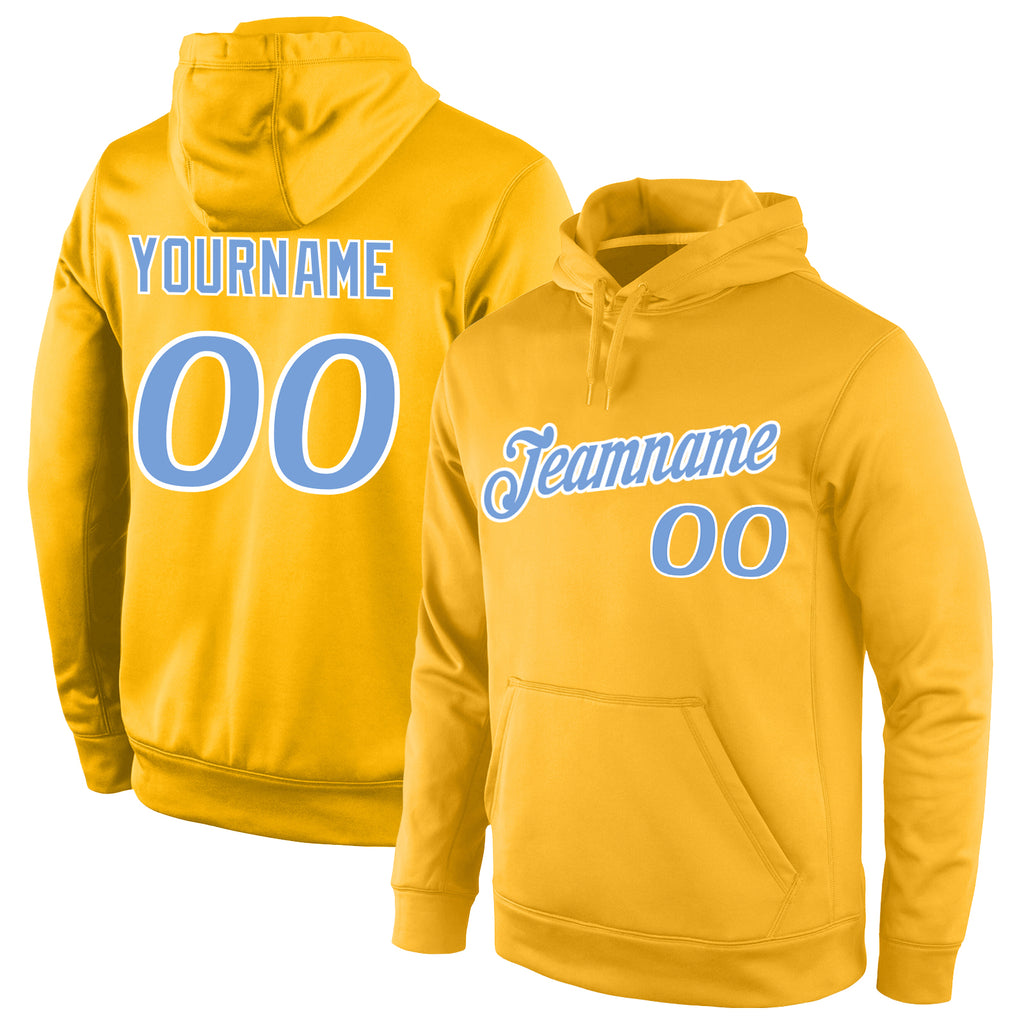 Custom Stitched Gold Light Blue-White Sports Pullover Sweatshirt Hoodie