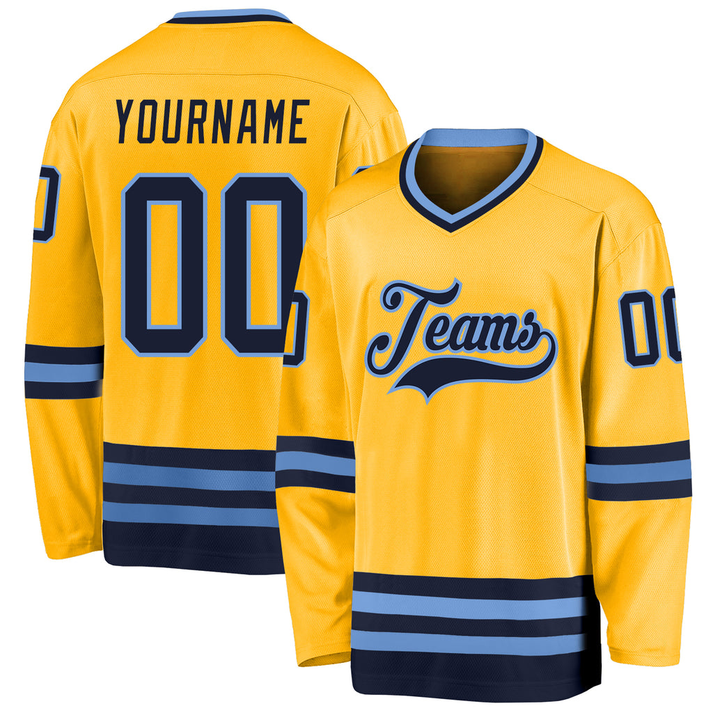 Custom Gold Navy-Light Blue Hockey Jersey