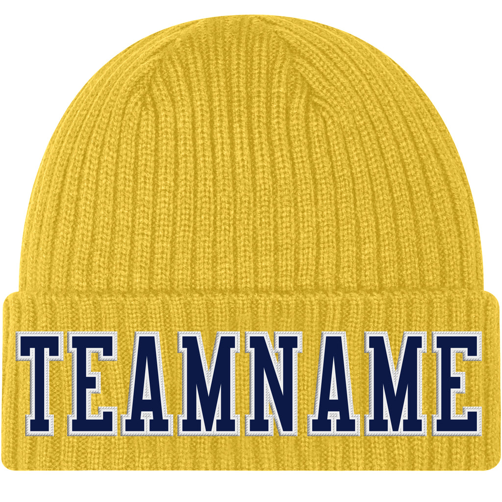 Custom Gold Navy-White Stitched Cuffed Knit Hat