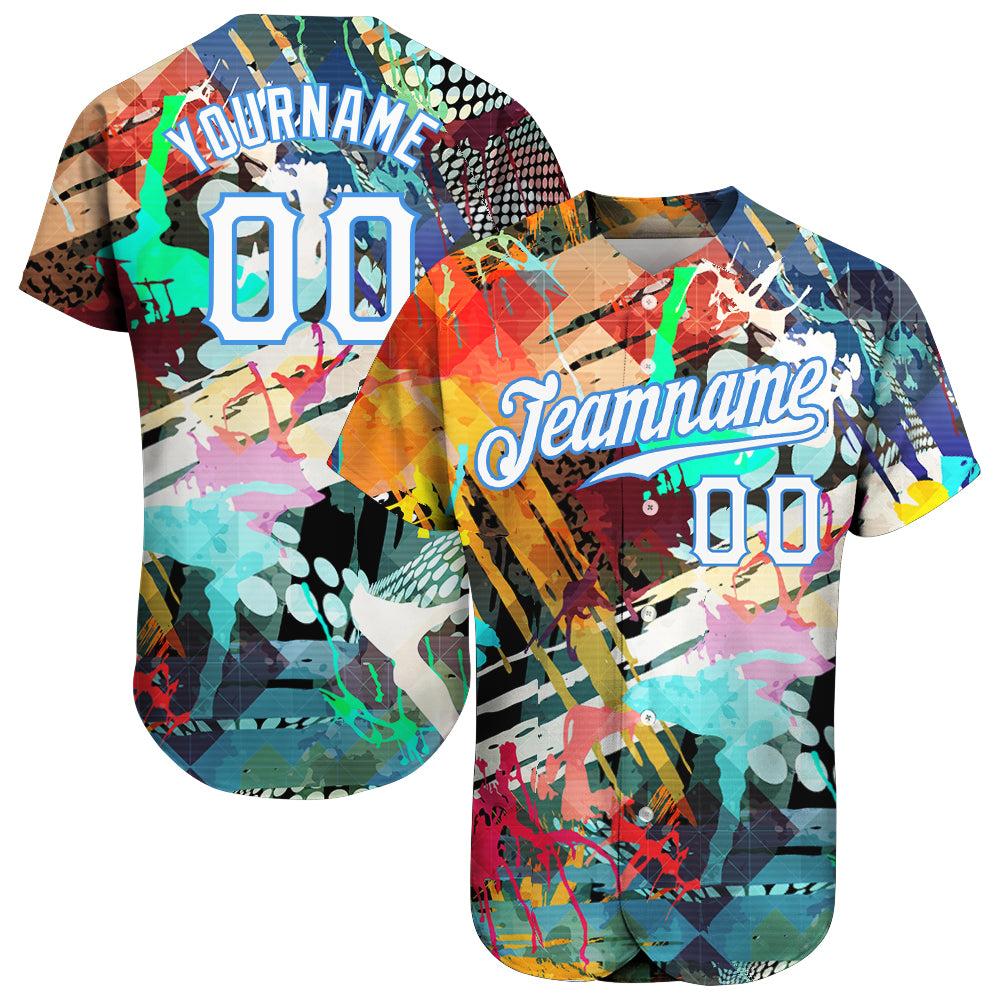 Custom Graffiti Colored Abstract Pattern White-Light Blue 3D Authentic Baseball Jersey