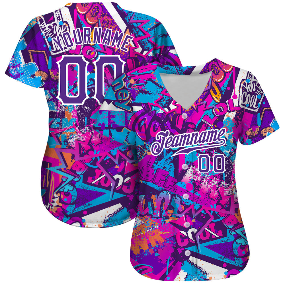 Custom Graffiti Words Pattern White-Purple 3D Authentic Softball Jersey