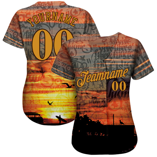 Custom Graffiti Pattern Gold-Brown 3D Beach Authentic Baseball Jersey