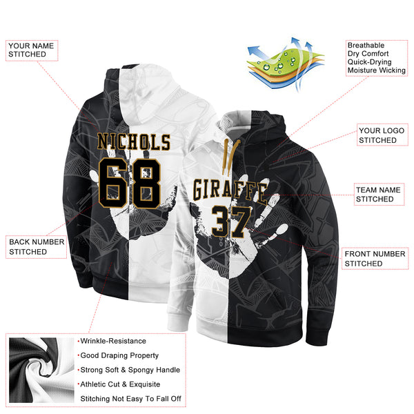 Custom Stitched Graffiti Pattern Black-Old Gold 3D Sports Pullover Sweatshirt Hoodie