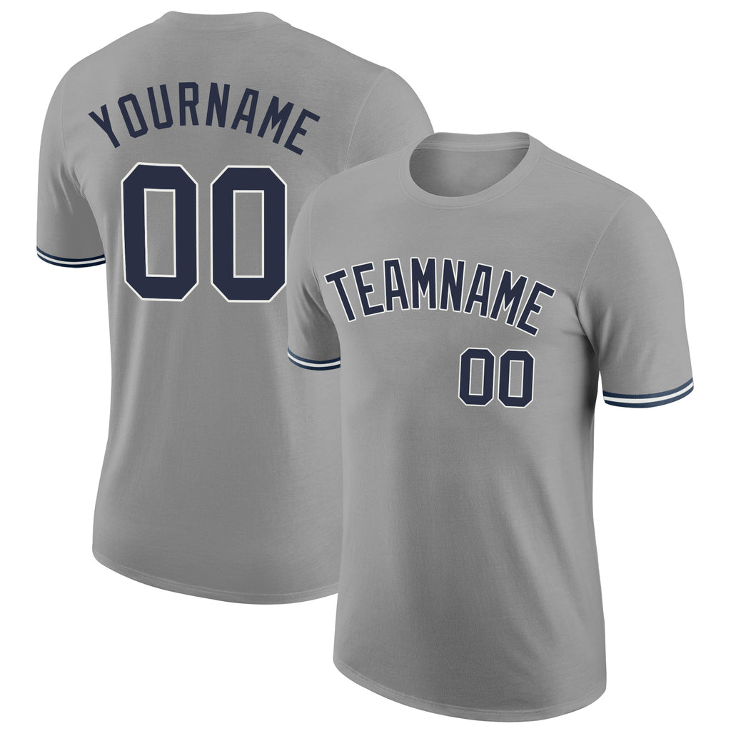 Custom Gray Navy-White Performance T-Shirt