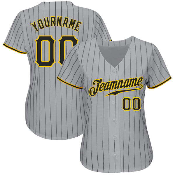 Custom Gray Black Pinstripe Black-Gold Authentic Baseball Jersey