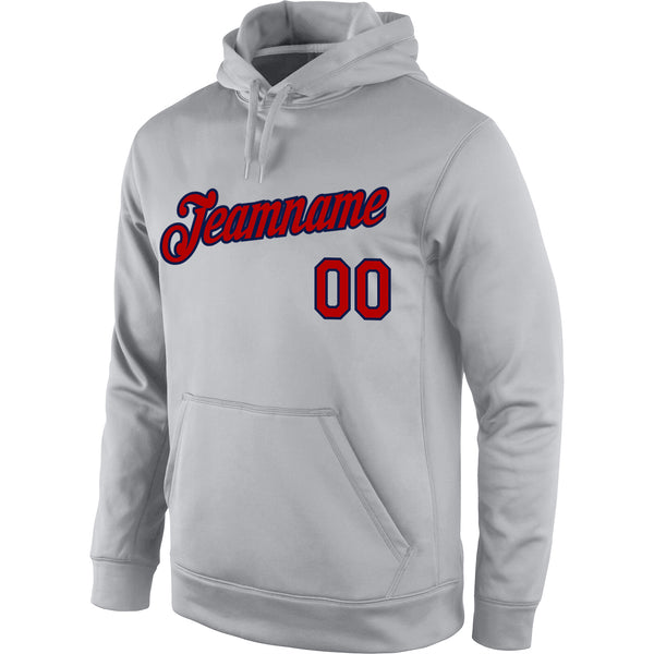 Custom Stitched Gray Red-Navy Sports Pullover Sweatshirt Hoodie