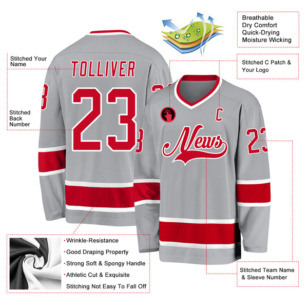 Custom Gray Red-White Hockey Jersey