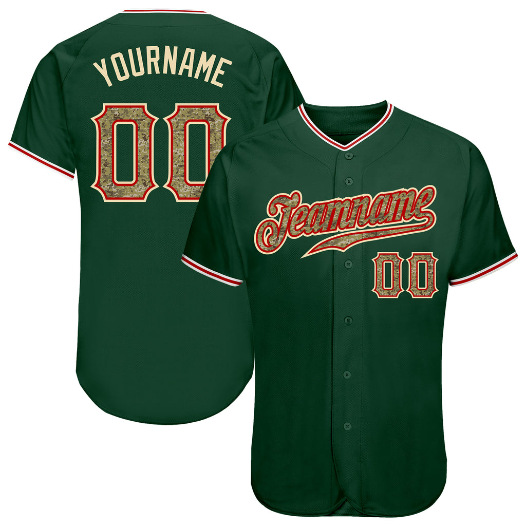 Custom Green Camo-Red Authentic Baseball Jersey