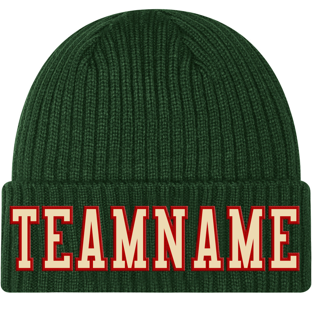 Custom Green Cream-Red Stitched Cuffed Knit Hat